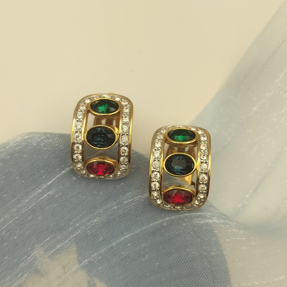 Vintage Butler Elegant Gold Tone Earrings with Multicolor Stones
